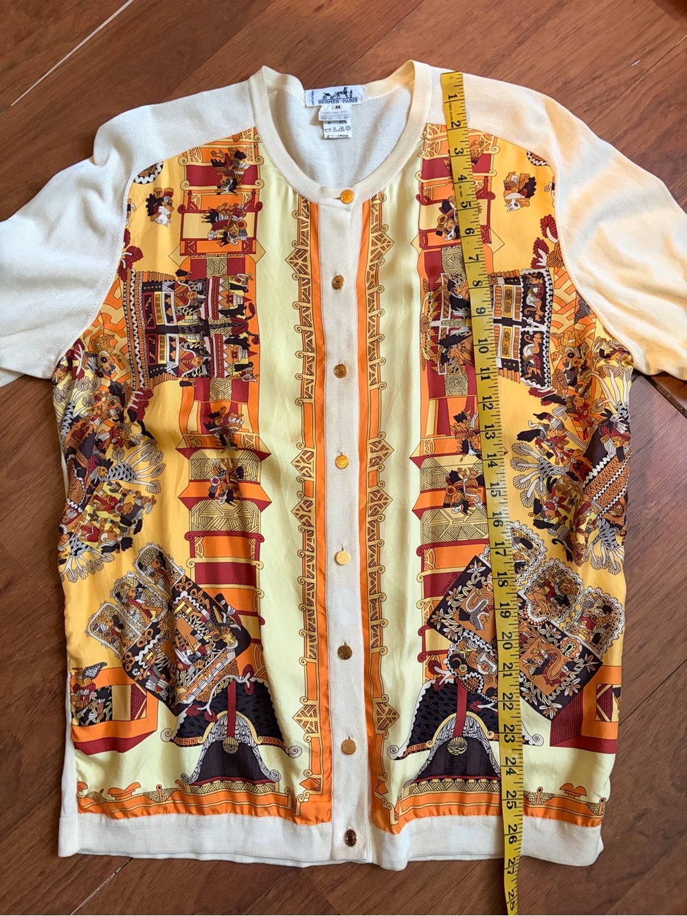 Vtg Hermes silk scarf-front cotton cardigan - Picture 10 of 11